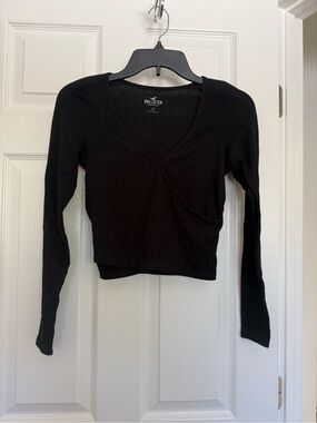 Hollister Black Ribbed Wrap-Style Long Sleeve Top